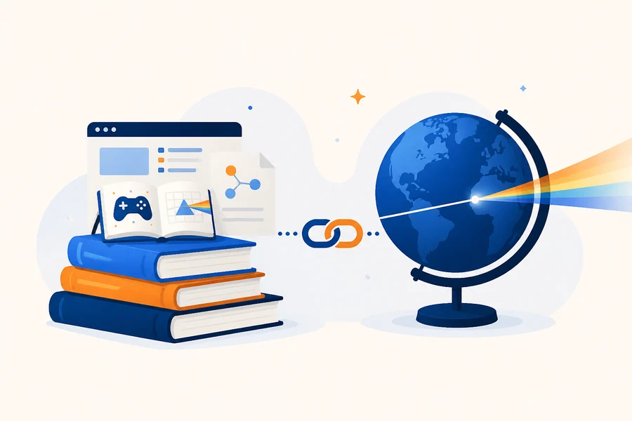 Libri e risorse digitali collegati a un globo