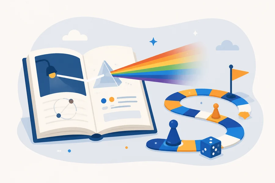 Libro aperto, prisma e percorso di un gioco da tavolo